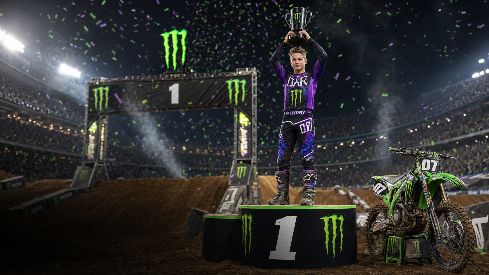 En visualisering af Adams drøm om en dag at vinde en Supercross-finale.